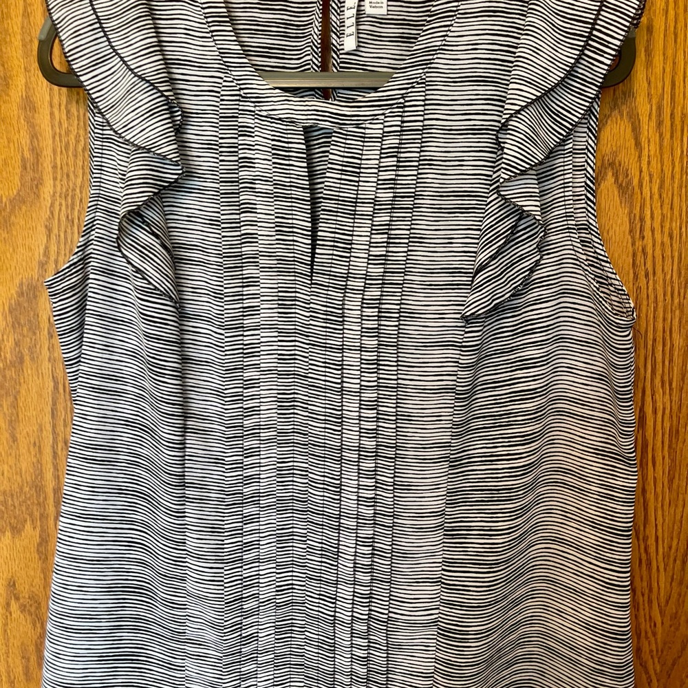 Elle Gray and White Pleated Ruffled Blouse